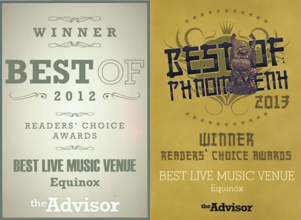 Awards Certificates for Equinox- best live music venue 2012 and 2013 in Phnom Penh, Cambodia.