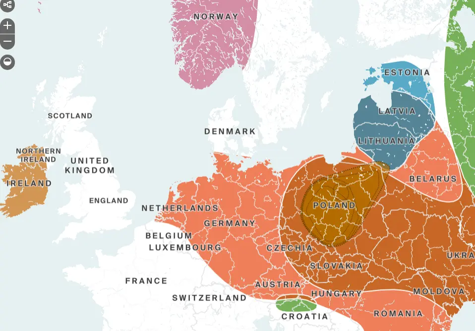 DNA map of Europe showing ethnicity of Anthony Mrugacz.