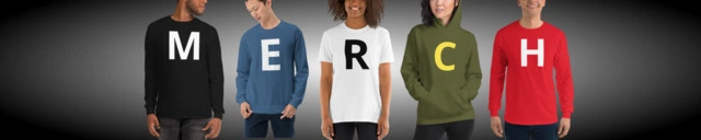 5 people standing in a row side by side wearing the lertters M-E-R-C-H for Anthony Mrugacz's Amazon store.