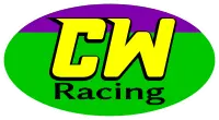 Yellow letters CW, black letters Racing with purple and green background, the CW Racing logo.