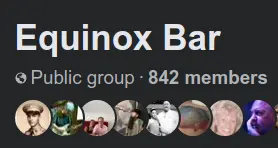 Text saying "Equinox Bar Public Group 842 Members" for the webpage "Equinox Cambodia Bands Gallery" by Mrugacz.