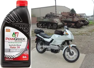 Penngrade1 quart container next  a German motorcycle and American tanks for "Best Advice Product Reviews" by Mrugacz.