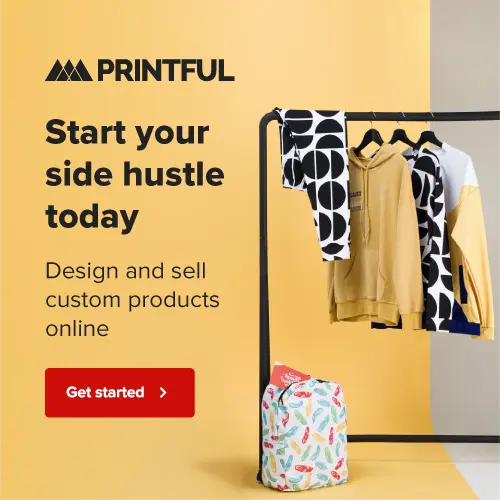Clothes hanging on a rack for Printful affiliate advertisement.
